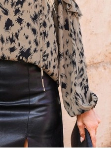 Leopard patterned ruffled off shoulder tie up shirt
