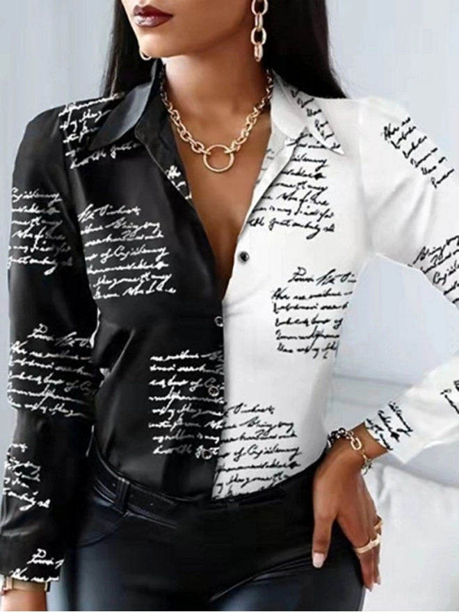 Letter printed patchwork color contrast long sleeved shirt