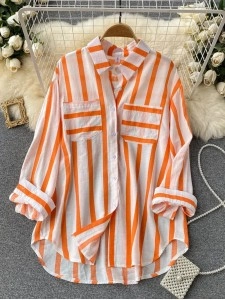Long loose vertical striped  shirt jacket