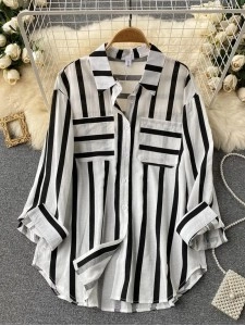 Long loose vertical striped  shirt jacket