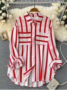 Long loose vertical striped  shirt jacket