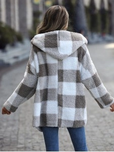 Long Sleeve Plaid Hooded Zipper Loose Jacket
