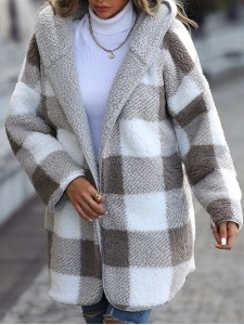 Long Sleeve Plaid Hooded Zipper Loose Jacket