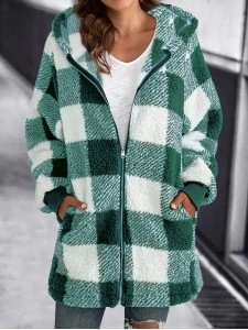 Long Sleeve Plaid Hooded Zipper with Pockets Loose Jacket