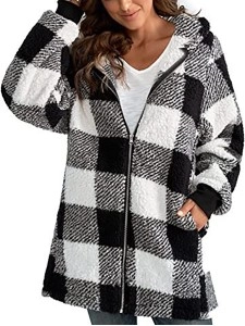 Long Sleeve Plaid Hooded Zipper with Pockets Loose Jacket