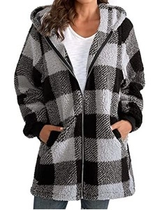 Long Sleeve Plaid Hooded Zipper with Pockets Loose Jacket