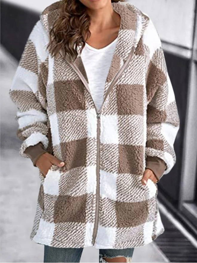 Long Sleeve Plaid Hooded Zipper with Pockets Loose Jacket