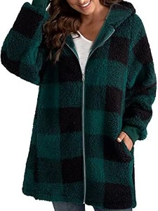 Long Sleeve Plaid Hooded Zipper with Pockets Loose Jacket