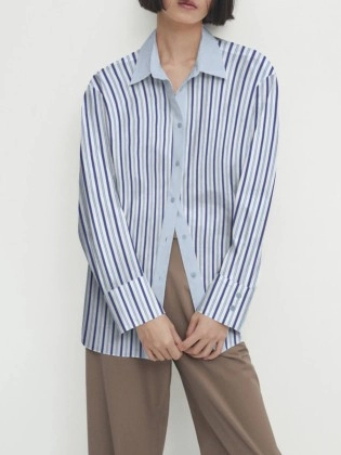 Long sleeve striped shirt with lapel for women