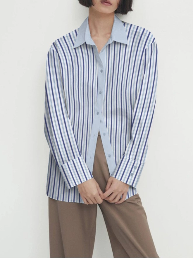 Long sleeve striped shirt with lapel for women