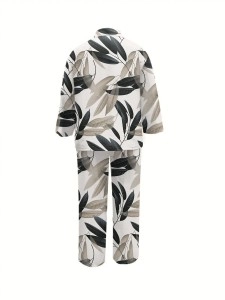 Long-sleeved cotton and hemp leaf printed shirt and trousers 2-piece set