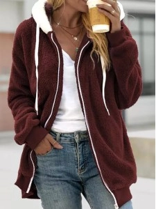 Loose plush zippered hooded jacket