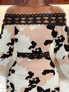 One-line shoulder lace patchwork print waist dress