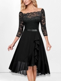 One-piece neckline  mid-sleeve lace and chiffon dress