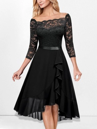 One-piece neckline  mid-sleeve lace and chiffon dress