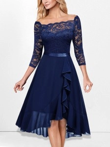 One-piece neckline  mid-sleeve lace and chiffon dress