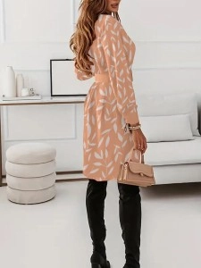 Orange leaf print lapel waist shirtdress