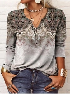Owl long sleeve printed ethnic fashion T-shirt