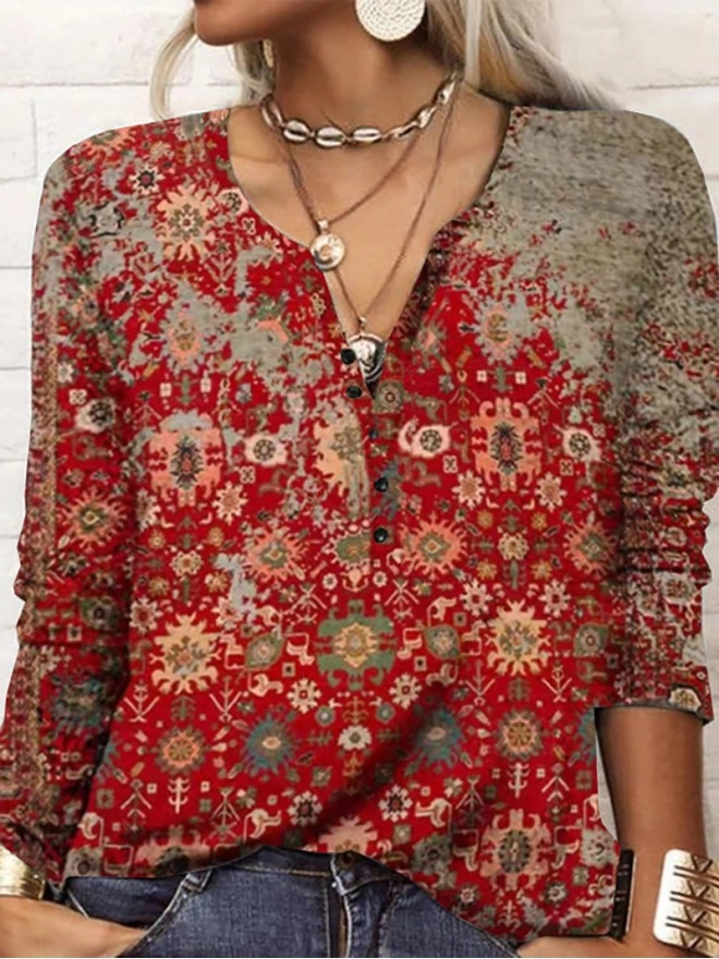 Owl long sleeve printed ethnic fashion T-shirt