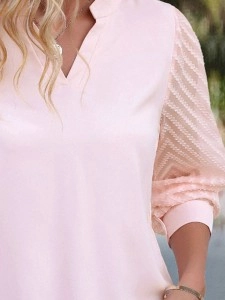 Pink V-neck elegant see-through jacquard patchwork shirt