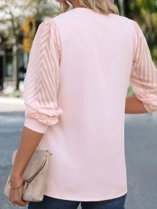 Pink V-neck elegant see-through jacquard patchwork shirt
