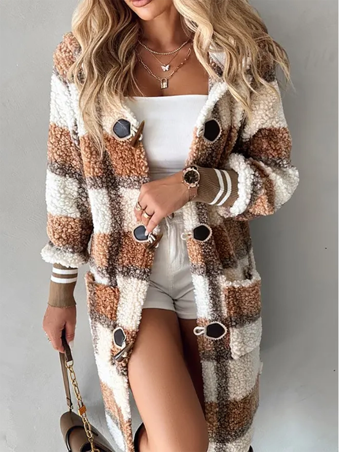 Plaid Print Horn Toggle Button Hooded Teddy Coat