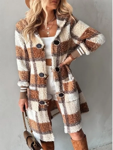 Plaid Print Horn Toggle Button Hooded Teddy Coat