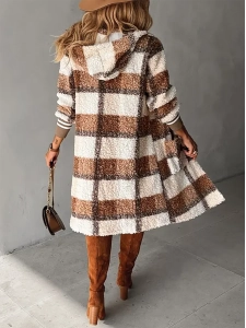 Plaid Print Horn Toggle Button Hooded Teddy Coat