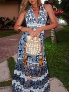 Printed lace patchwork dress with V-neck and neck