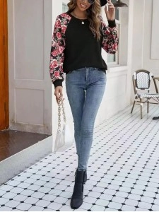 Printed patchwork casual round neck long-sleeved sweatshirt