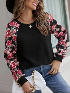 Printed patchwork casual round neck long-sleeved sweatshirt