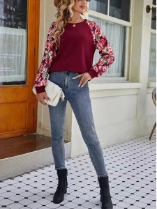 Printed patchwork casual round neck long-sleeved sweatshirt