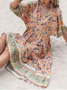 Printed V-Neck Short Sleeve Maxi Dress