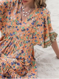 Printed V-Neck Short Sleeve Maxi Dress