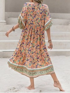 Printed V-Neck Short Sleeve Maxi Dress