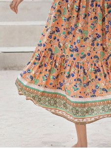 Printed V-Neck Short Sleeve Maxi Dress