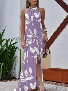 Purple halter dress with slit