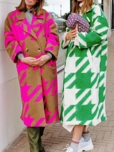 Qianniao grid color matching printed long woolen coat