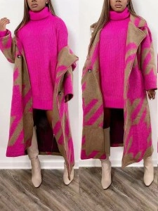 Qianniao grid color matching printed long woolen coat