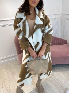 Qianniao grid color matching printed long woolen coat