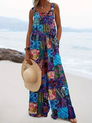 Retro ethnic style cotton and linen romper overalls