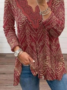 Retro lace patchwork printed T-shirt