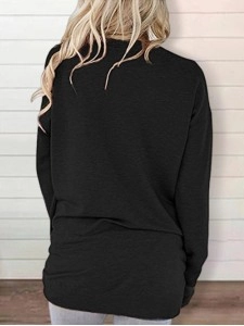 Round neck baton long sleeve pocket solid color loose T-shirt
