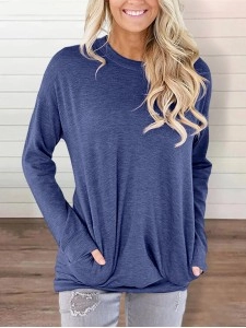 Round neck baton long sleeve pocket solid color loose T-shirt
