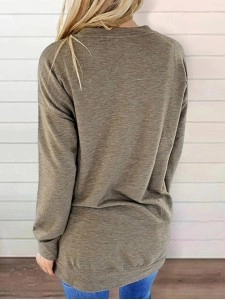Round neck baton long sleeve pocket solid color loose T-shirt