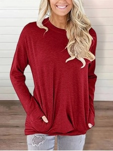 Round neck baton long sleeve pocket solid color loose T-shirt