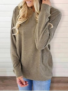 Round neck baton long sleeve pocket solid color loose T-shirt