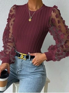 Round neck slimming pullover long sleeve chiffon shirt