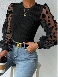 Round neck slimming pullover long sleeve chiffon shirt