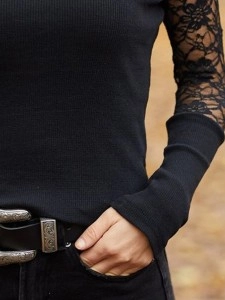 Sexy high-neck lace sleeve patchwork T-shirt top
